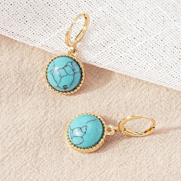 Western Southwestern Gold & Turquoise Round Boho Huggie Earrings NEW - Picture 6 of 6